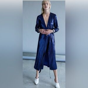 NWT Robert Rodriguez Navy Sequined Robe Wrap Midi Dress